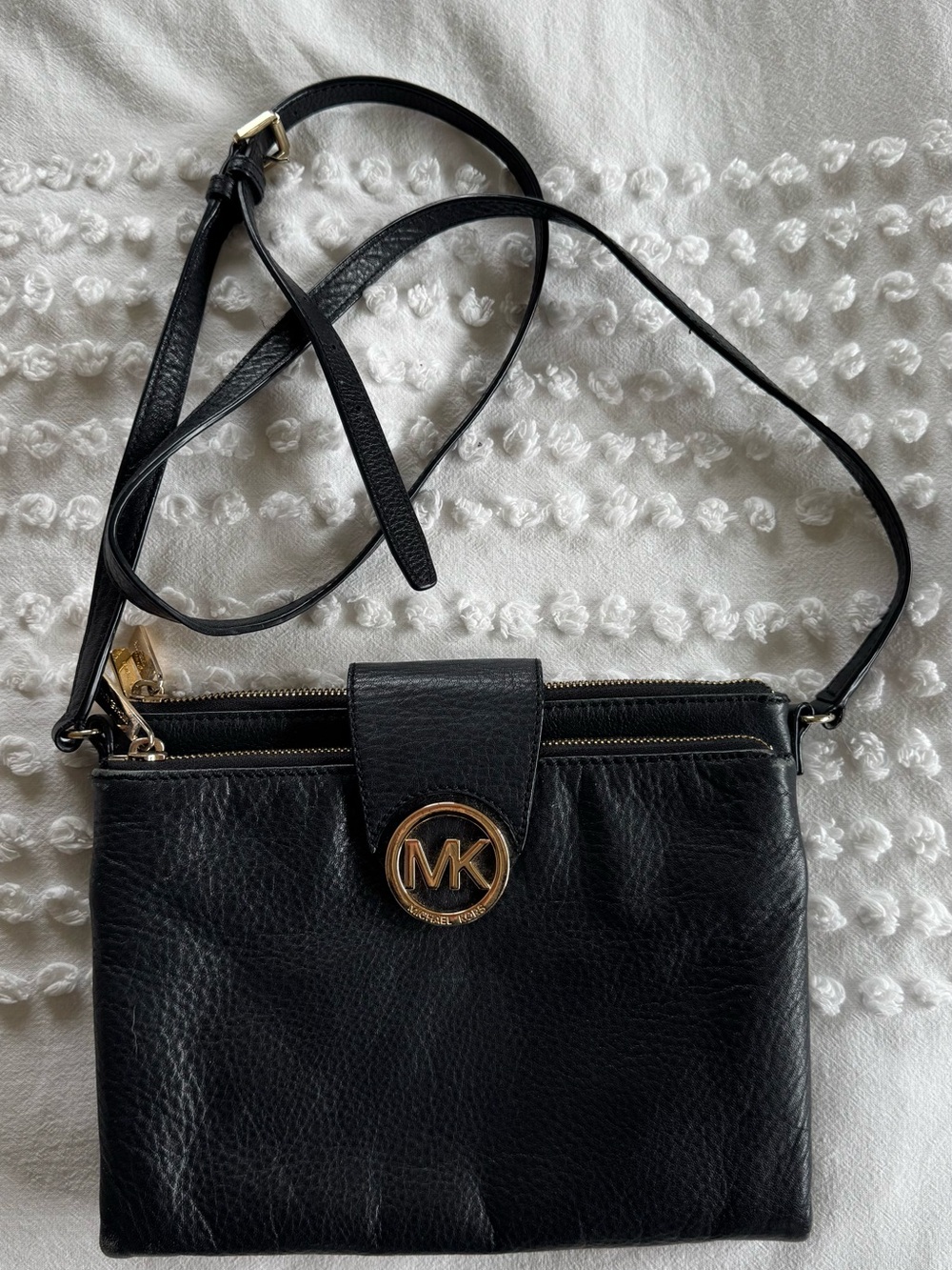 Michael Kors Black Leather Crossbody with Gold MK Accent